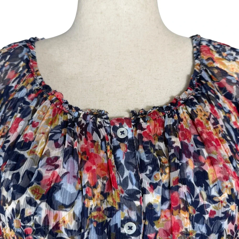 Sundance Floral Cupro Midi Dress Blue Red‎ Smocked Waist Short Sleeve Womens L